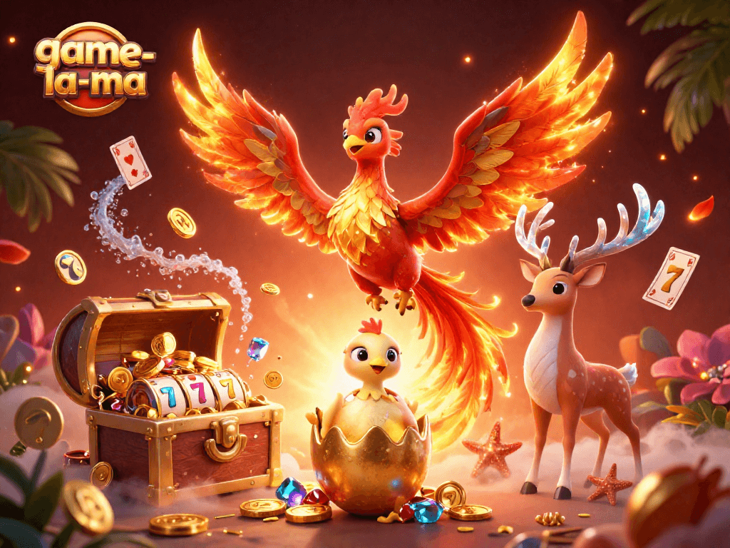 Experience thrilling wins at game-la-ma with vibrant phoenix and casino elements in an exciting 3D illustration
