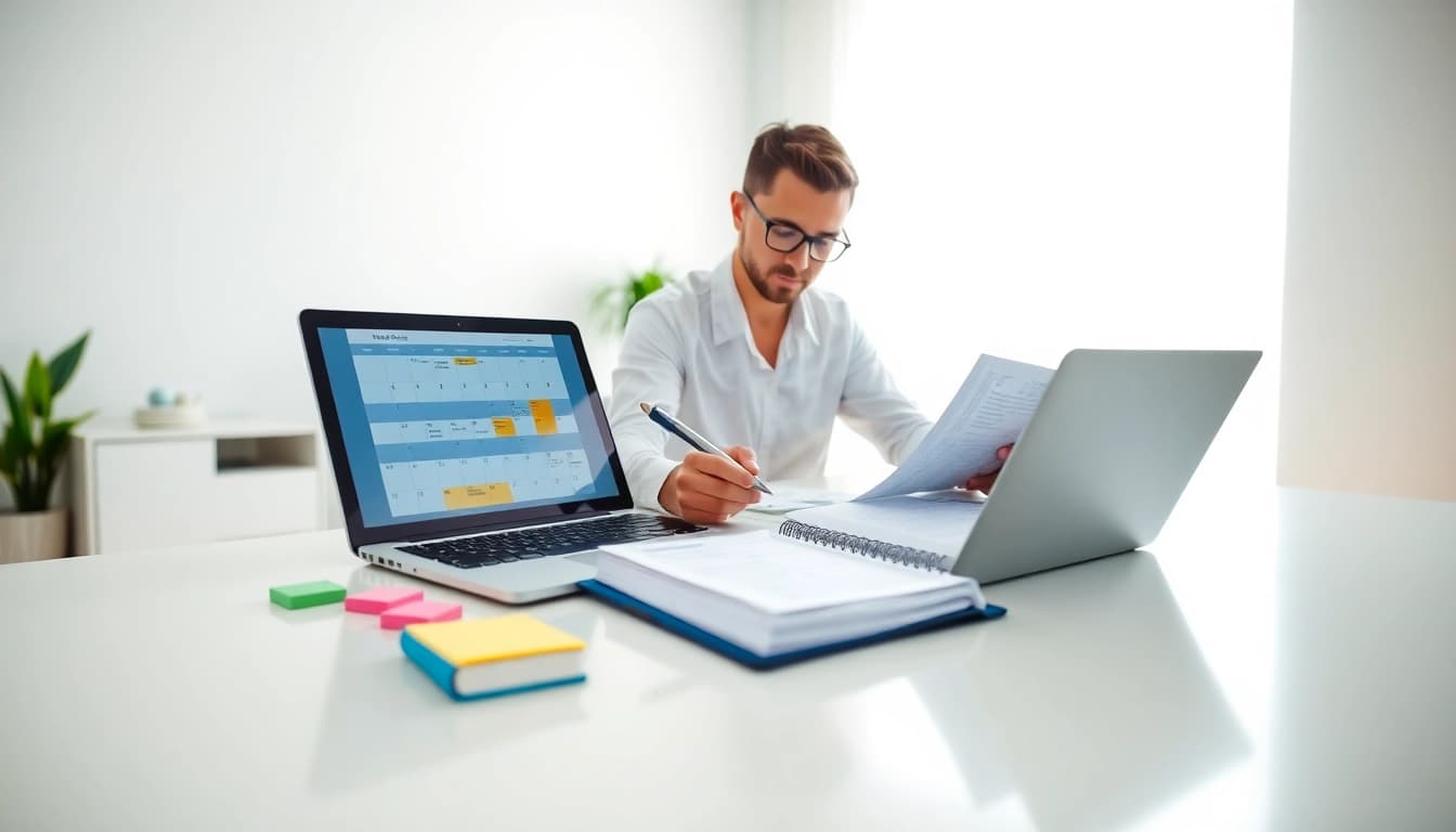 Seamlessly Organize Your Day with a professional planner at a well-lit, stylish workspace.