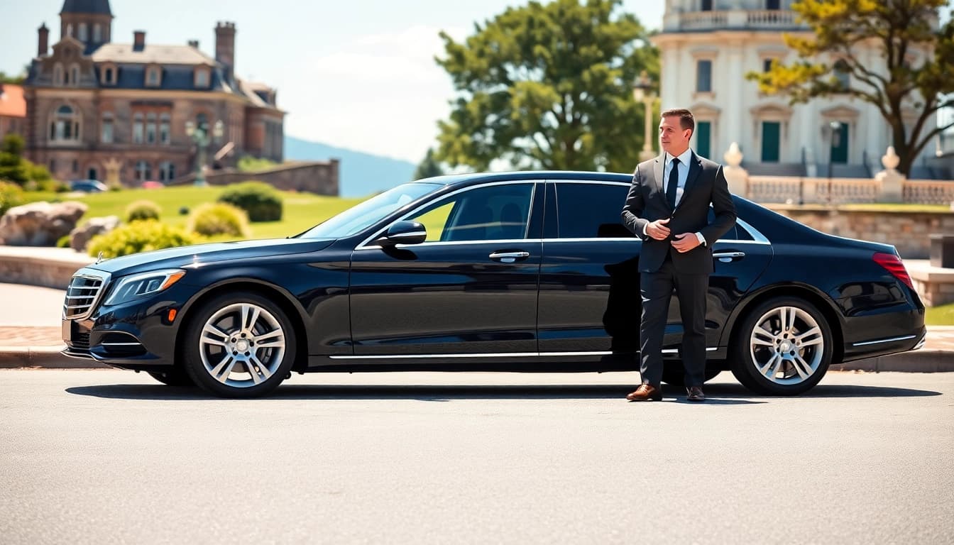 Experience a premium chauffeur service Rhode Island with a professional chauffeur beside a luxury sedan.