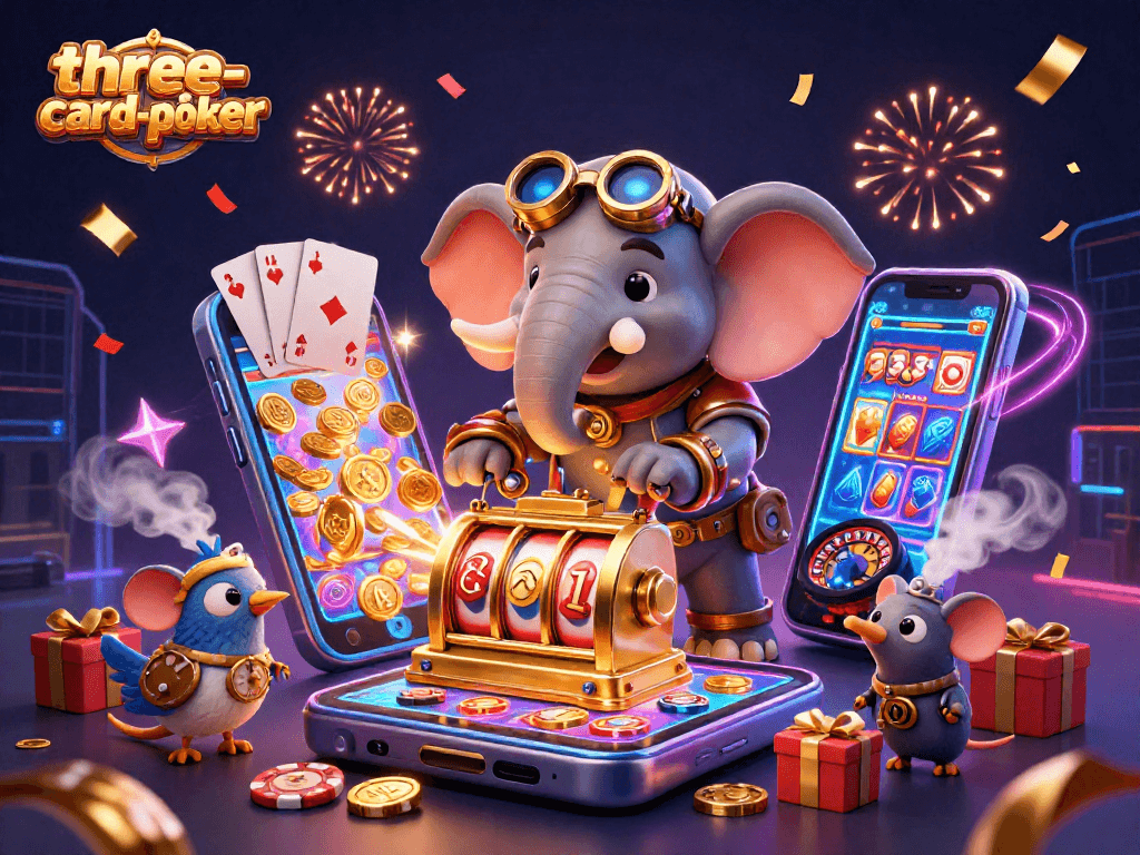 Engage with three-card-poker gameplay as a steampunk elephant spins a golden slot machine.
