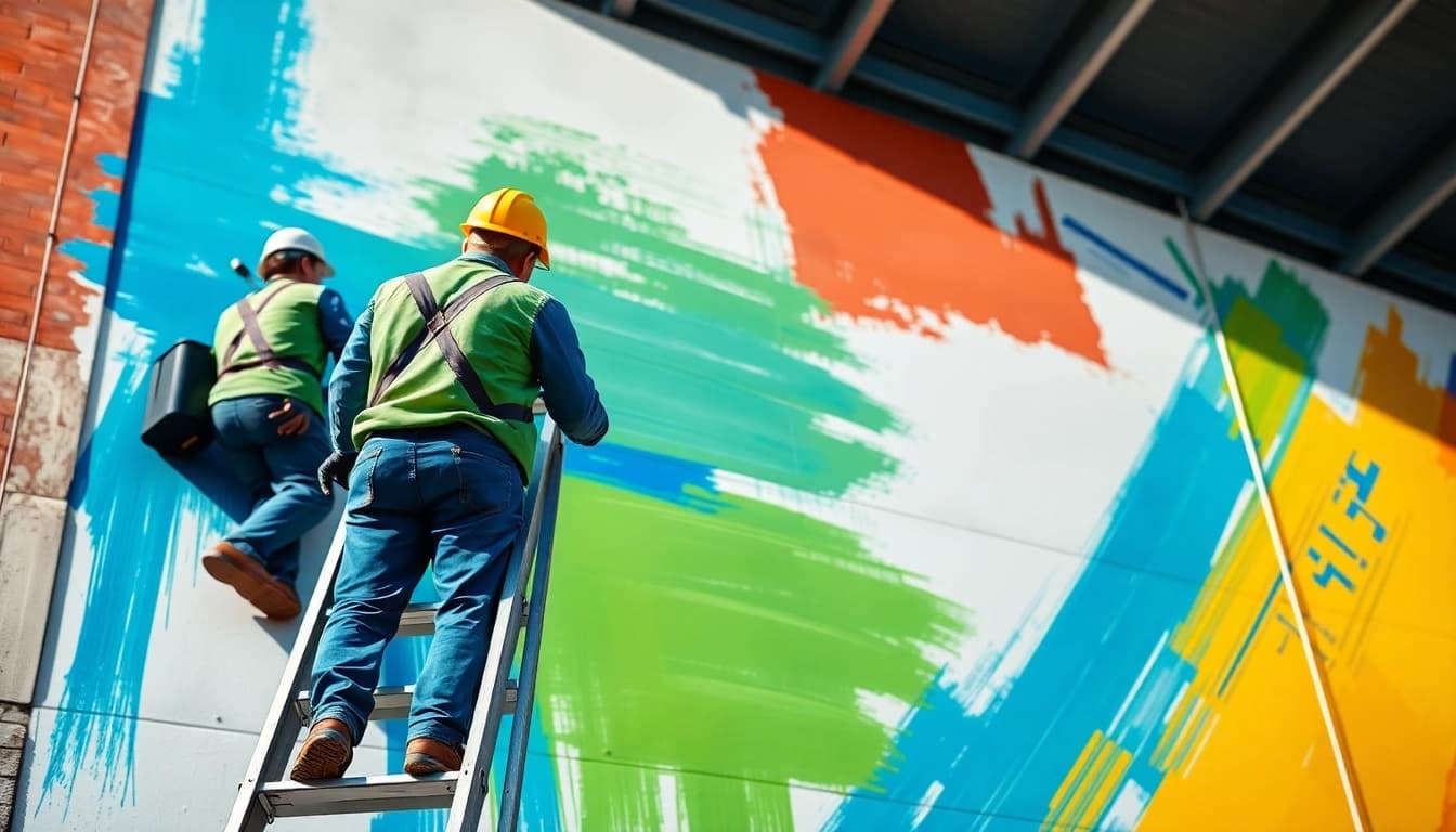 Commercial painting project with professionals applying vibrant colors to a building facade.