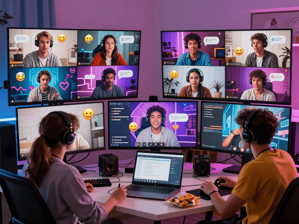 Engaging group in a hentai chat discussion in a colorful virtual room.