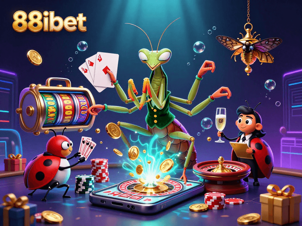 88ibet showcases vibrant casino action with a giant praying mantis card sharp and exciting game elements.