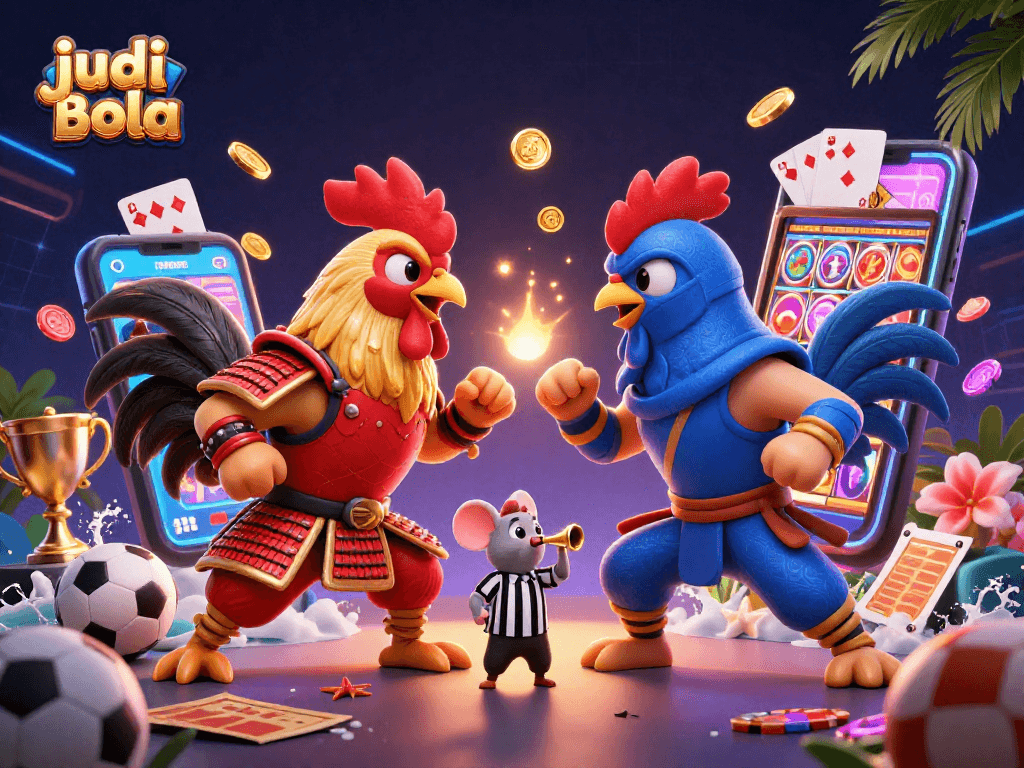 Experience judi bola excitement with roosters and betting elements in this vibrant scene.