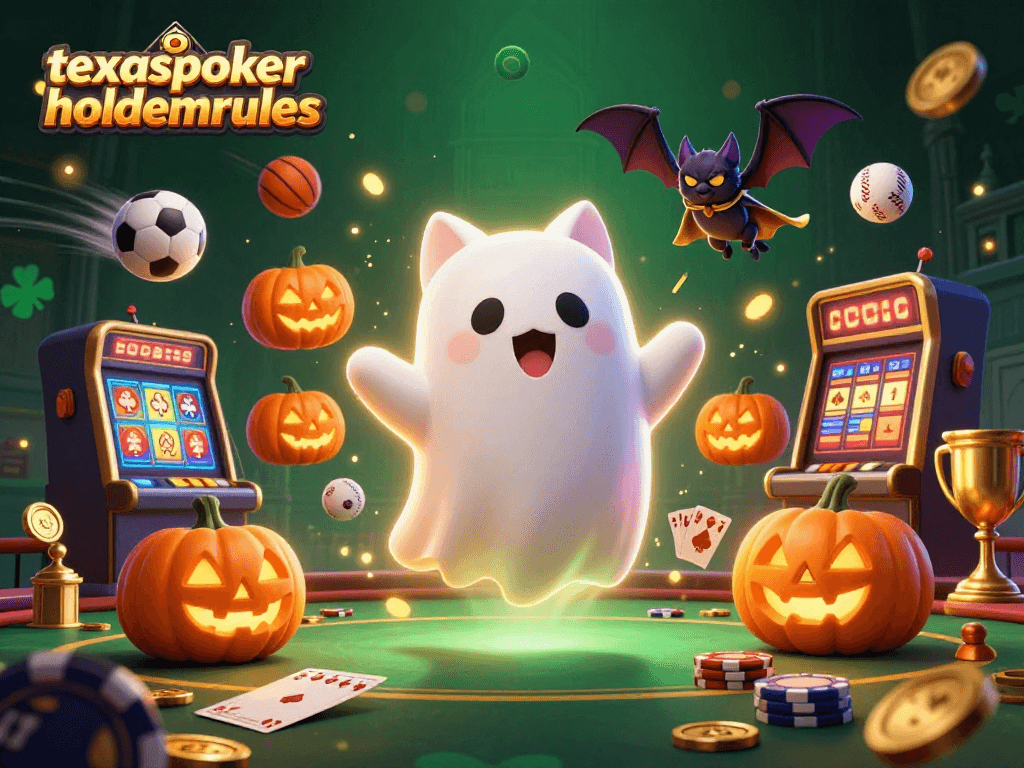 TexasPokerHoldemRules ghost cat and vampire bat in a haunted casino scene with poker and sports elements.