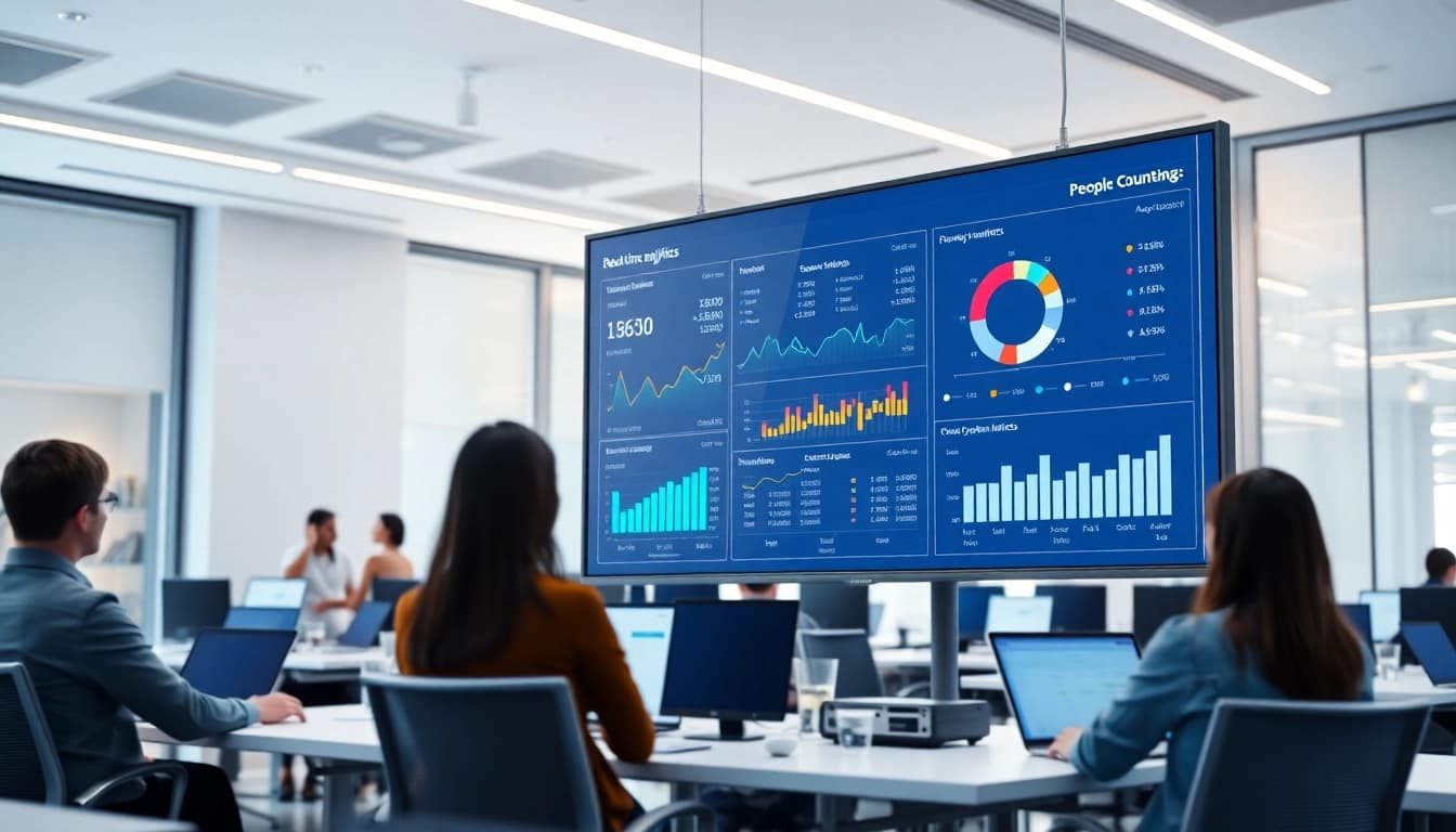 Visualize real-time data analytics with the people counting software dashboard in a modern office.