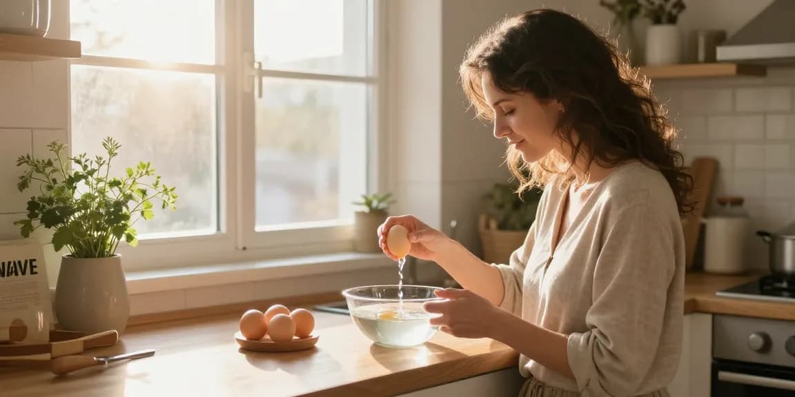 Egg Float Test Sumber di https://www.eggfloattest.com/contact dengan wanita memeriksa kesegaran telur di dapur rumah.