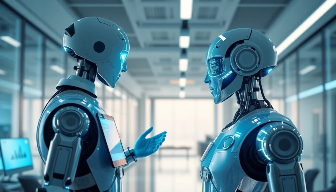 Engaging depiction of Ai agents collaborating in a futuristic office setting.