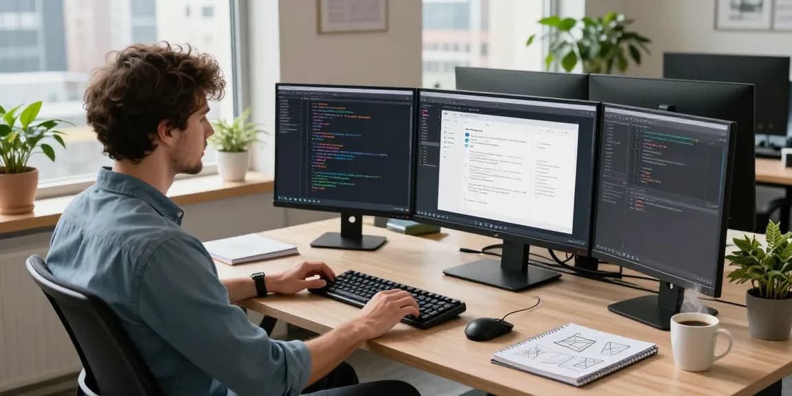 Developer at https://www.bdtjl.app/ workspace coding on dual screens with a vibrant city backdrop.