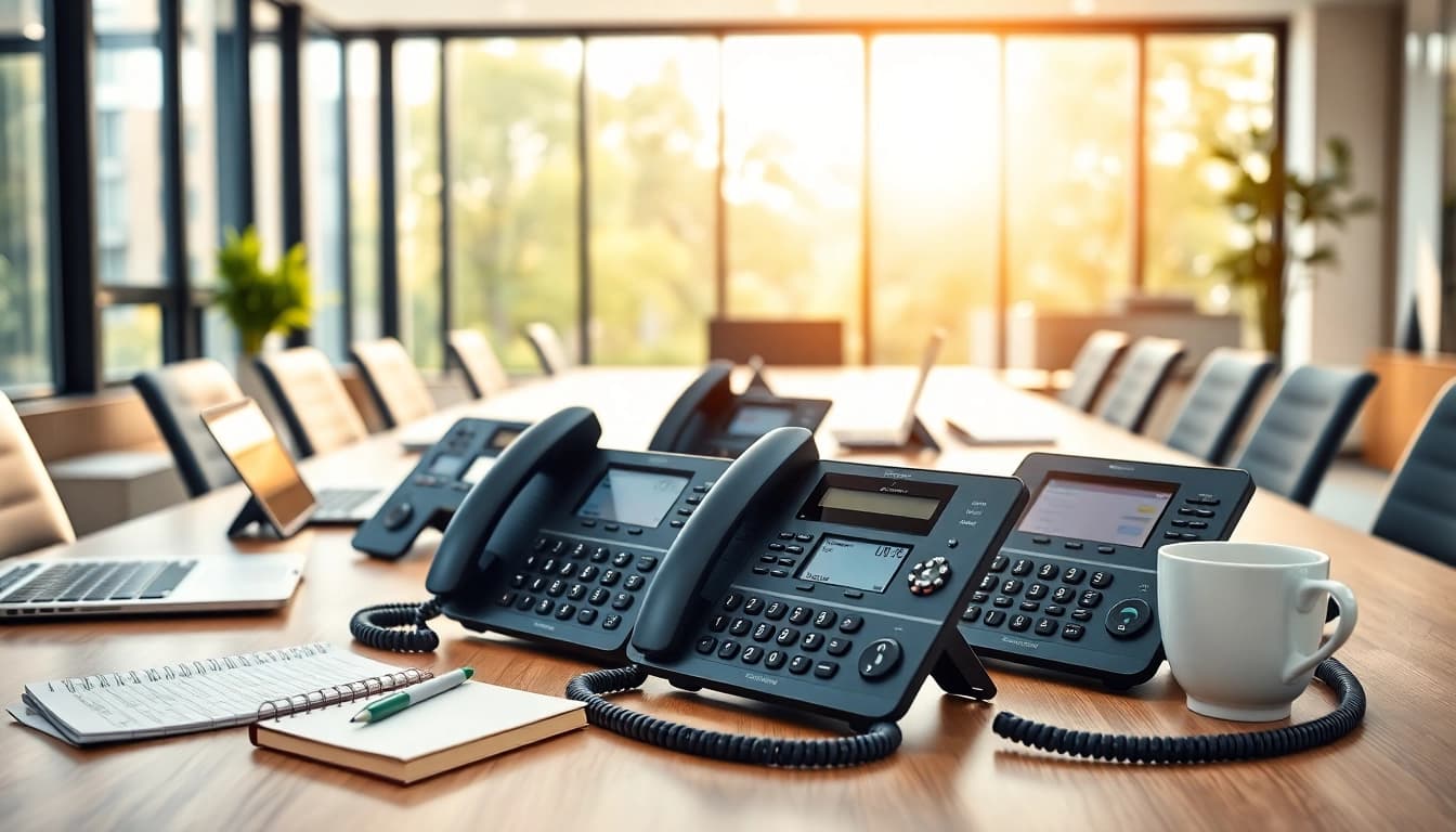 Showcasing advanced business phones on an office desk, emphasizing features for productivity.