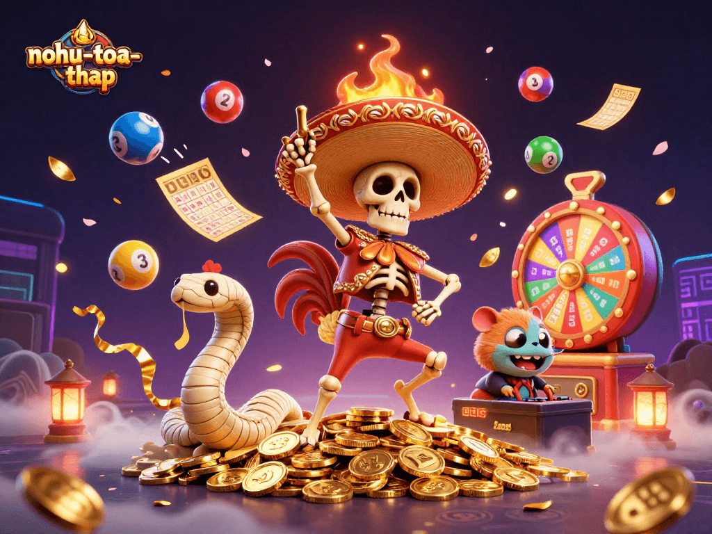 Engage with nohu-toa-thap as festive characters celebrate lottery wins amid vibrant casino elements.