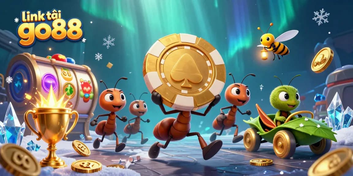 Engaging scene of ants executing a heist while carrying a giant poker chip, showcasing link tải go88.