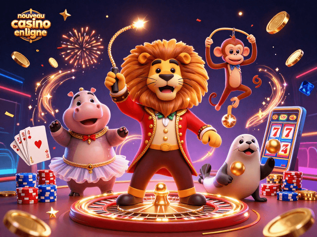 Découvrez l'expérience immersive d'un nouveau casino en ligne avec un lion maître de cérémonie, un hippopotame acrobatique, et des éléments de jeu captivants.