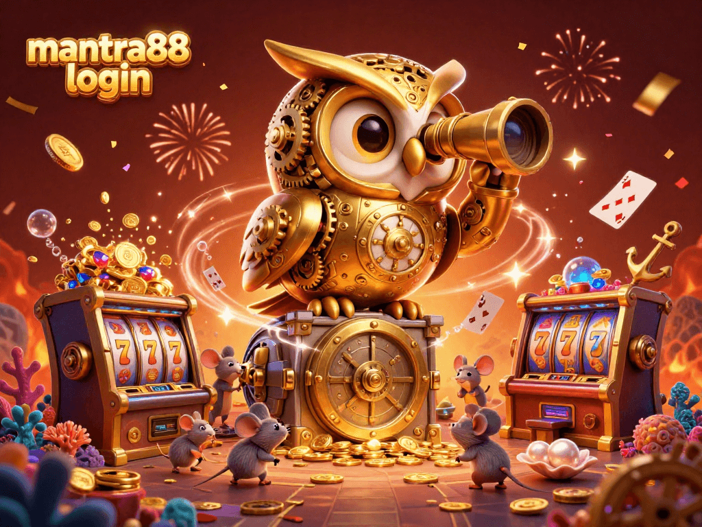 Experience excitement at mantra88 login with a golden owl and jackpot themes in a vibrant casino world.