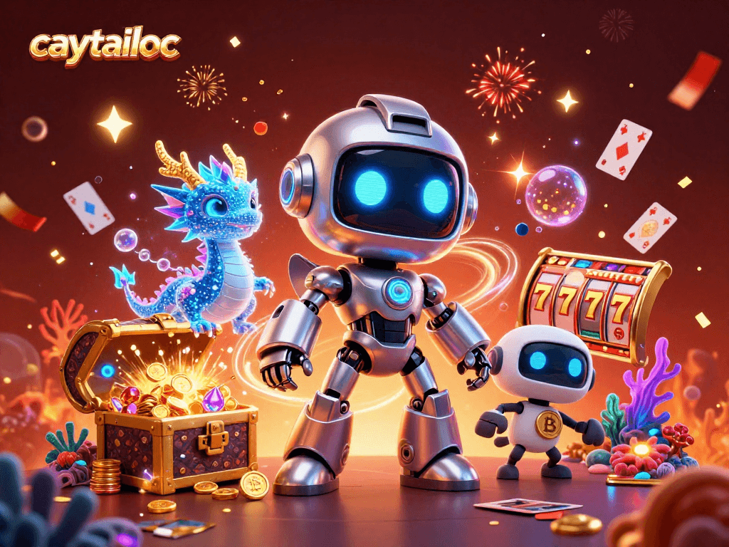 Experience the excitement of caytailoc slots with a dynamic 3D casino scene featuring jackpot reels and colorful treasures.