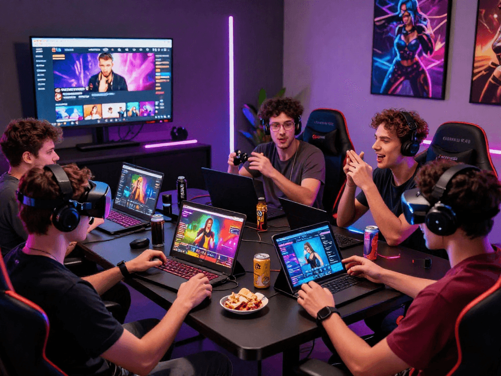 Engaged gamers playing exciting sex games on multiple devices in a vibrant gaming room.