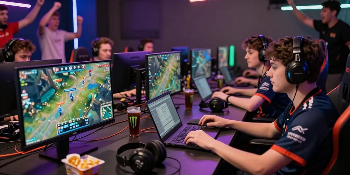 Esportspro.games players strategizing bets in a dynamic gaming lounge with League of Legends action.