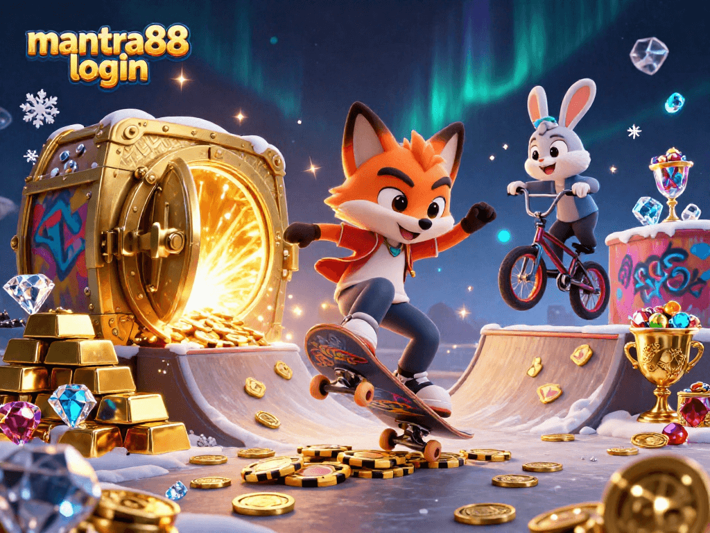 Win big with mantra88 login, as a skateboard fox flips over golden poker chips amidst rich casino treasures.