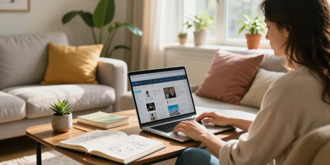 Explore more from our blog in a cozy living room setting with a woman engaging with her laptop, fostering creativity.