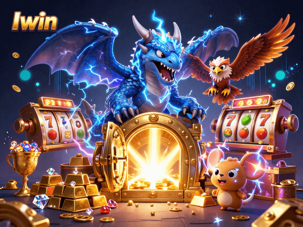 Iwin casino features powerful characters like a thunder dragon and a wind hawk amidst slot reels and treasures.