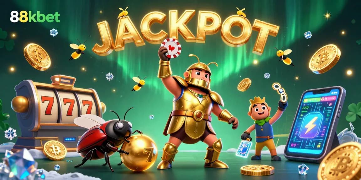 Win big with 88kbet as our heroic beetle celebrates a massive jackpot in a vibrant casino scene.