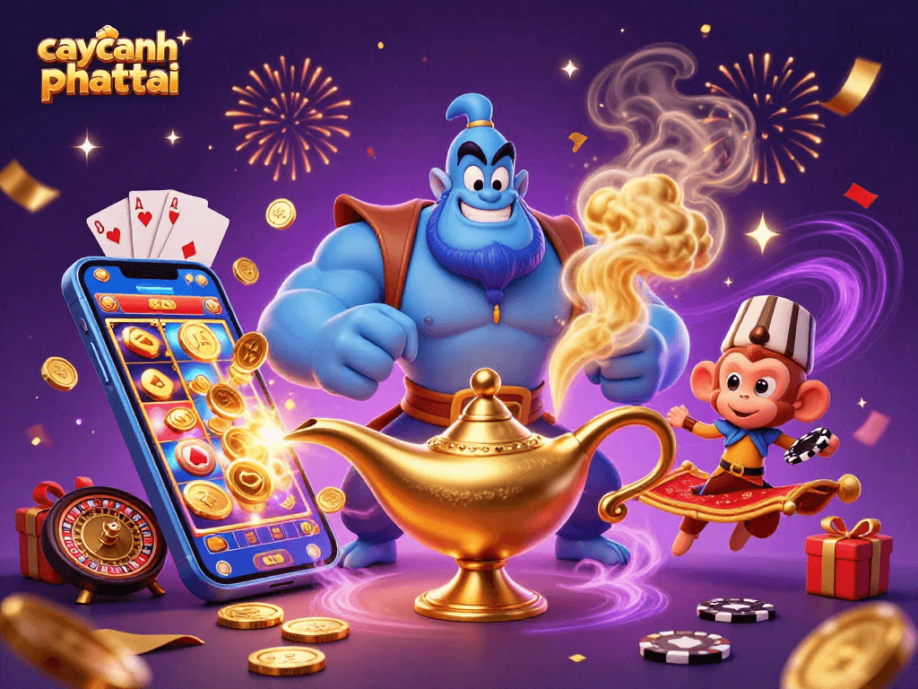 Caycanhphattai shows the blue genie emerging from a lamp with vibrant slot game elements, enhancing the casino experience.