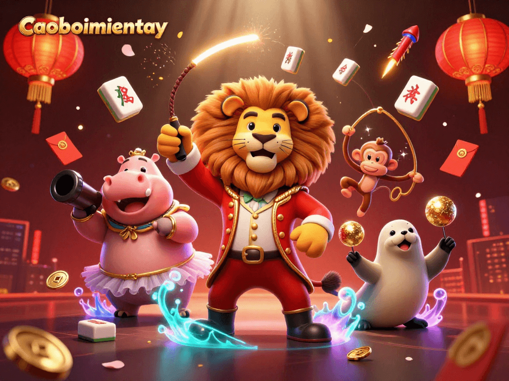 Experience caoboimientay with dynamic circus characters and vibrant casino elements in a thrilling 3D scene.