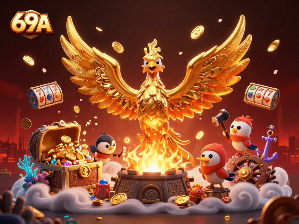 69A conquista jackpots emocionantes em um cassino vibrante com um fênix dourado.