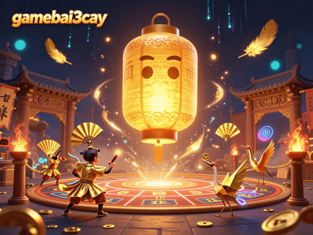 Engage with gamebai3cay featuring a giant glowing spirit amidst a vibrant night market casino.