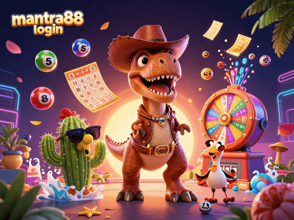 Play at mantra88 login with cartoon characters enjoying vibrant casino elements and lottery graphics.