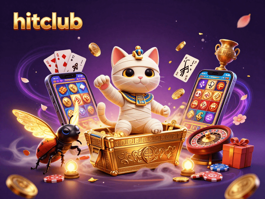 Hitclub's 3D Egyptian mummy cat spins slots amidst a vibrant casino setting filled with golden coins and cards.