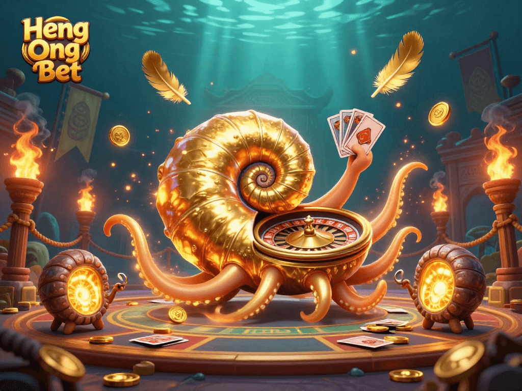 Engage with Heng Ong Bet by exploring a vibrant 3D casino scene featuring roulette and cards.
