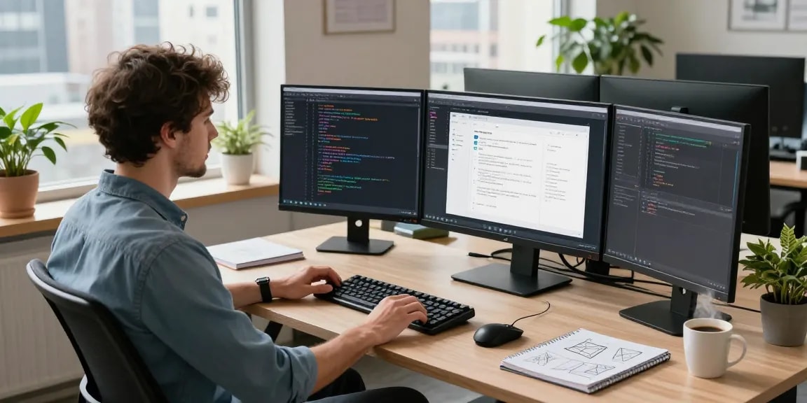 Developer at https://www.bdtjl.app/ workspace coding on dual screens with a vibrant city backdrop.