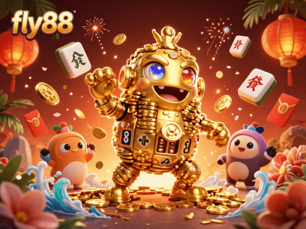 Experience exhilarating fun at fly88 with vibrant 3D cartoon illustration of a golden golem surrounded by dynamic casino elements.