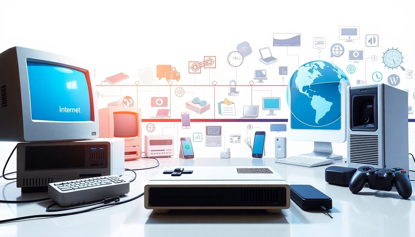 Explore the journey of internet history through iconic technology symbols and timeline elements.