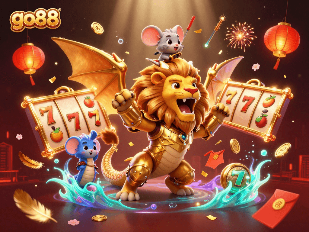 Join go88's thrilling adventure in a vibrant casino-themed world featuring a roaring chimera and lucky symbols.