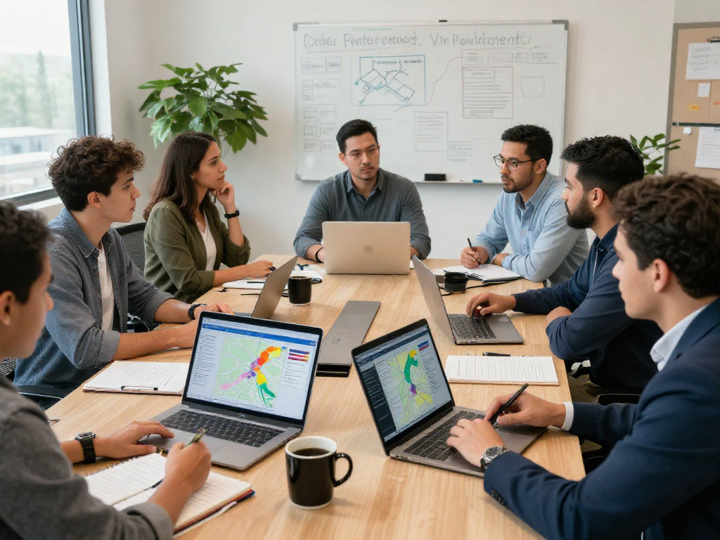 Engaged political campaign team discussing online reputation management for candidates in a modern office.
