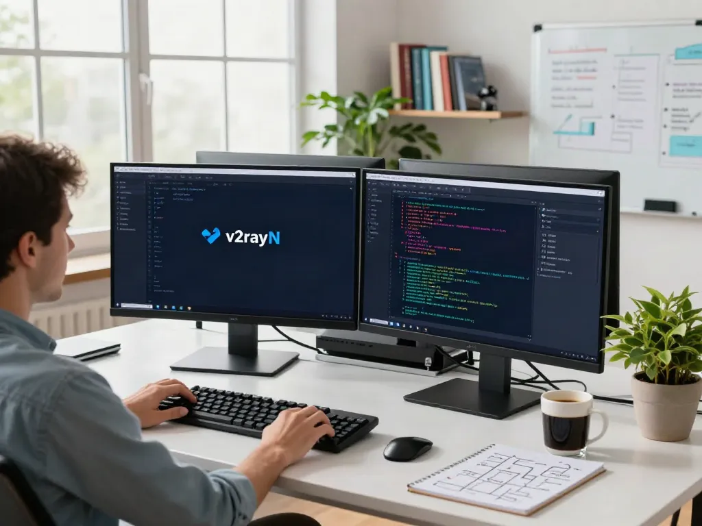 The workspace of a software developer showcasing v2rayN on multiple screens, with coding elements and a modern office atmosphere.