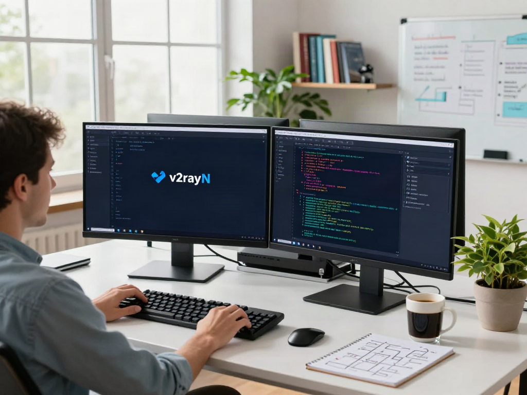 The workspace of a software developer showcasing v2rayN on multiple screens, with coding elements and a modern office atmosphere.