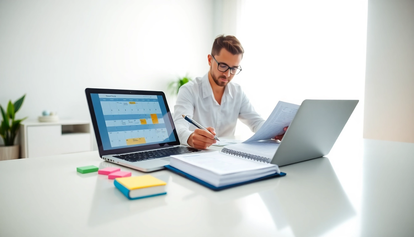 Seamlessly Organize Your Day with a professional planner at a well-lit, stylish workspace.