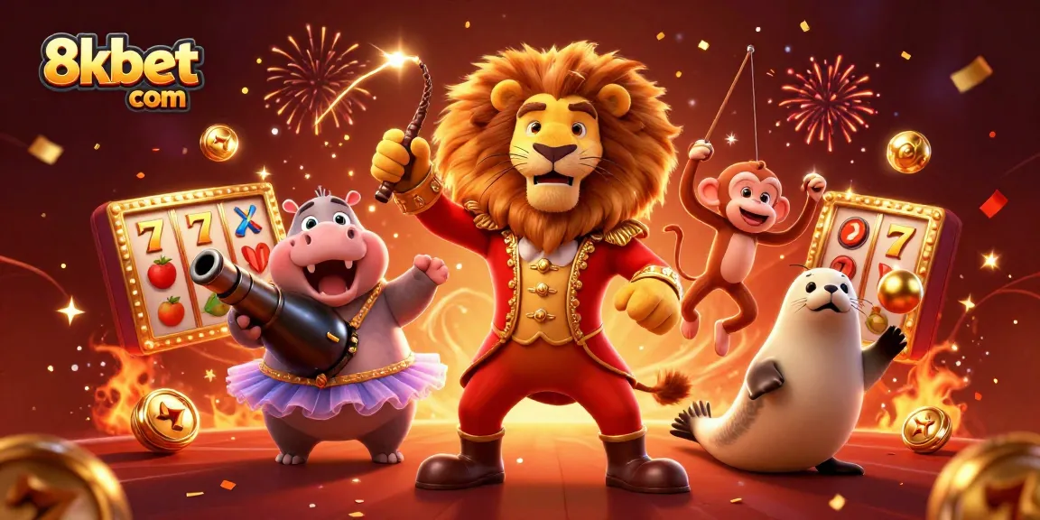 Experience the excitement of 8xbet com with vibrant slot machines and engaging circus characters.
