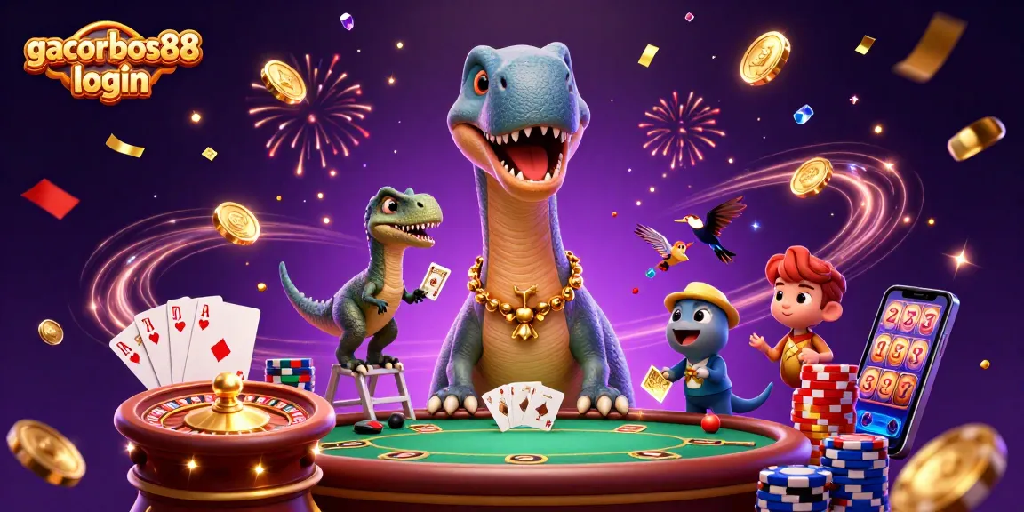 Experience the excitement of gacorbos88 login with a vibrant casino scene featuring a brontosaurus and raptor dealing cards.