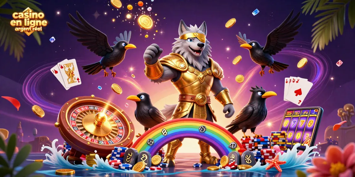 Jouez sur un casino en ligne argent réel avec cette illustration dynamique des personnages mythologiques et des éléments de jeu.