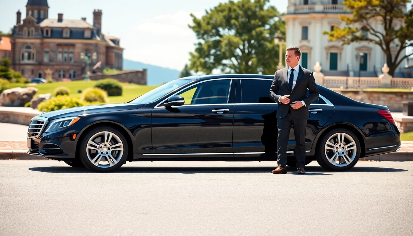 Experience a premium chauffeur service Rhode Island with a professional chauffeur beside a luxury sedan.