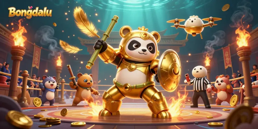 Bongdalu showcases a vibrant sports betting arena with a golden panda robot amid cheering animals and dynamic betting elements.