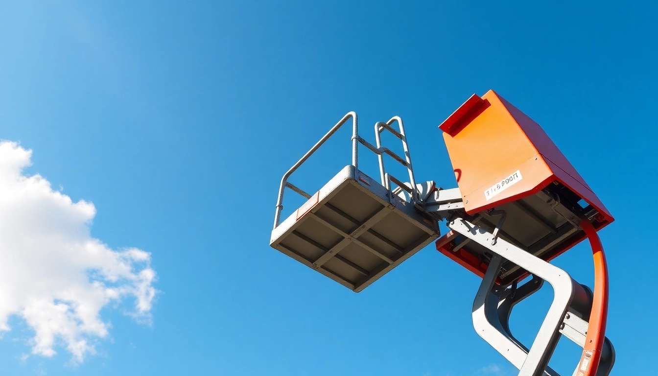 Cherry picker elevating its platform on a construction site under a clear blue sky.