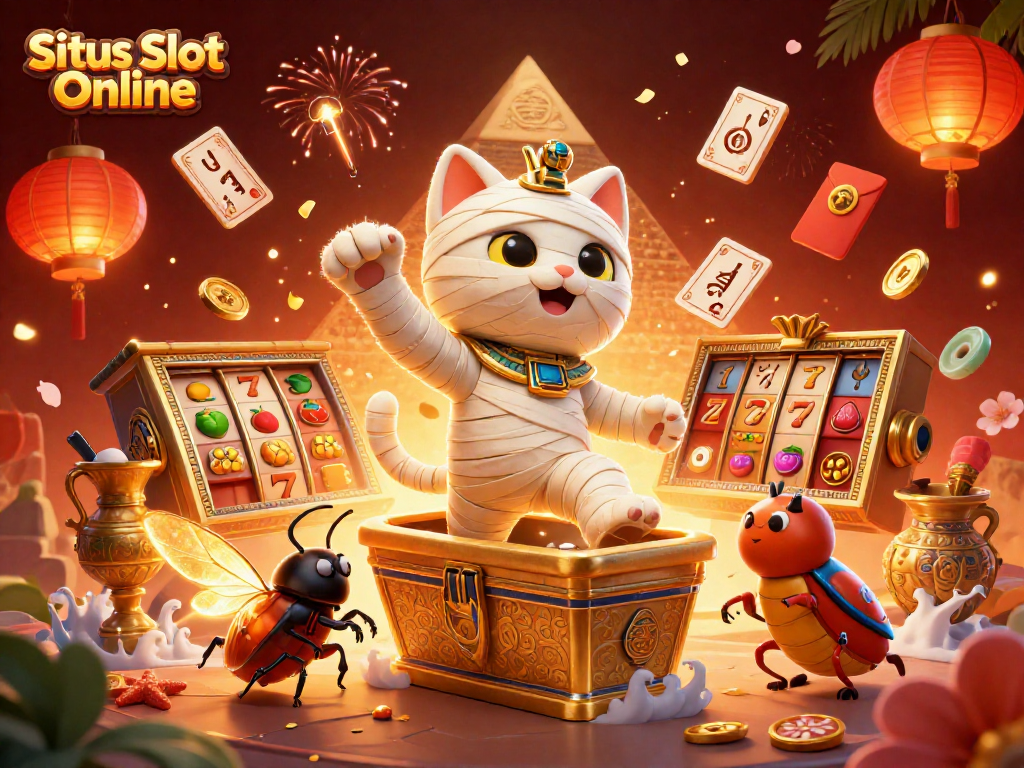 Situs Slot Online offers thrilling gameplay with Egyptian mummy cat and dynamic casino visuals.