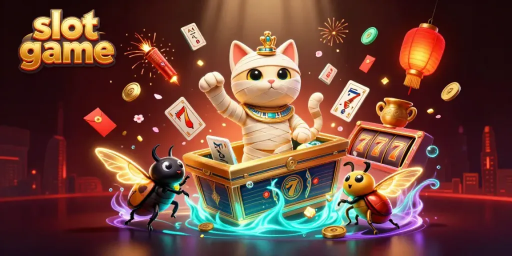 Experience thrilling slot game action with a 3D mummy cat, jackpot reels, and floating symbols in a casino.