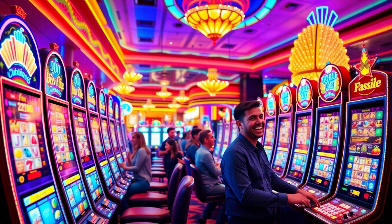 Engage with exciting slot gambling experiences in a vibrant casino atmosphere filled with colorful machines.