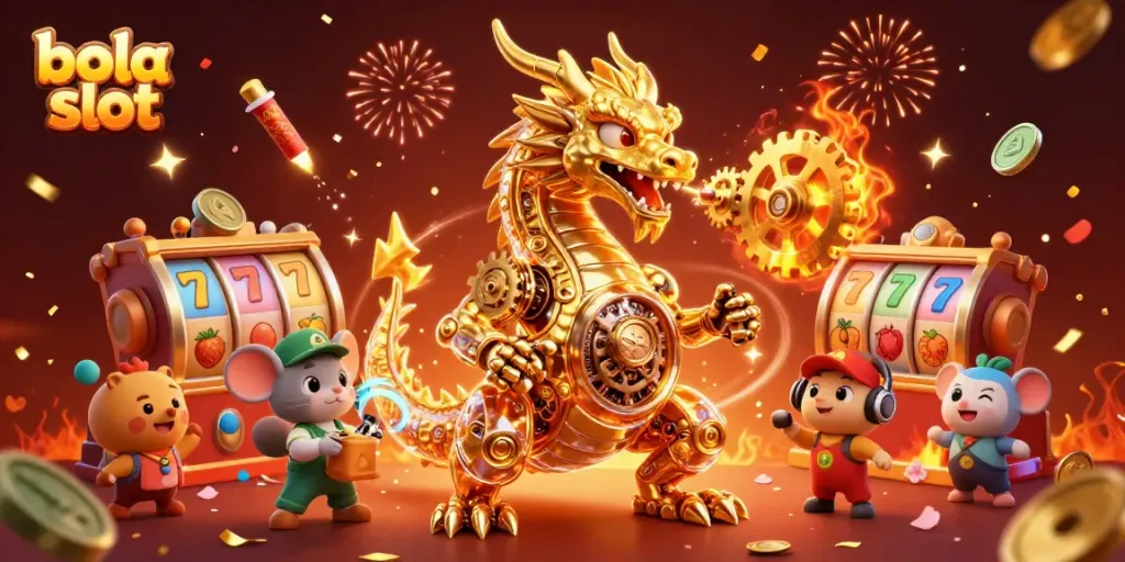 Engage in thrilling bola slot action with a golden dragon and vibrant game elements in this dynamic illustration.